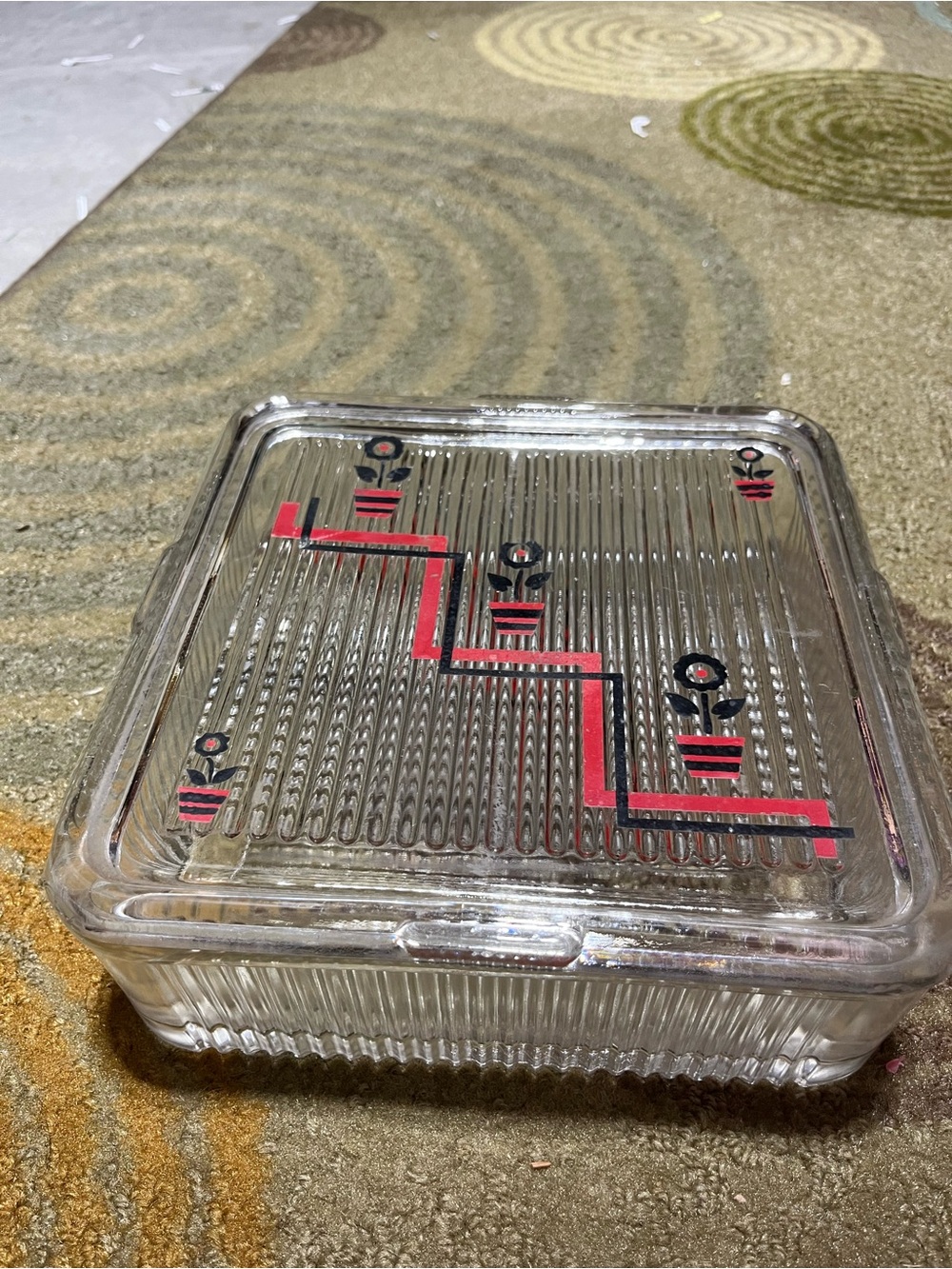 Vintage Clear Glass Square Refrigerator Box with Red & Black Flower Design